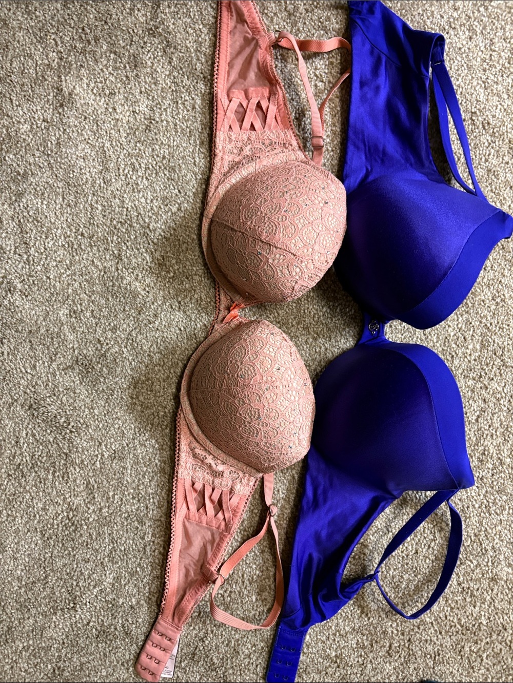 Victoria's Secret Pink Lace Bra & Royal Blue Smooth Bra